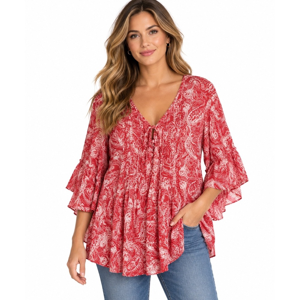 Style & Co Coral Paisley Pintuck Ruffle Bell Sleeve Blouse Large NWT